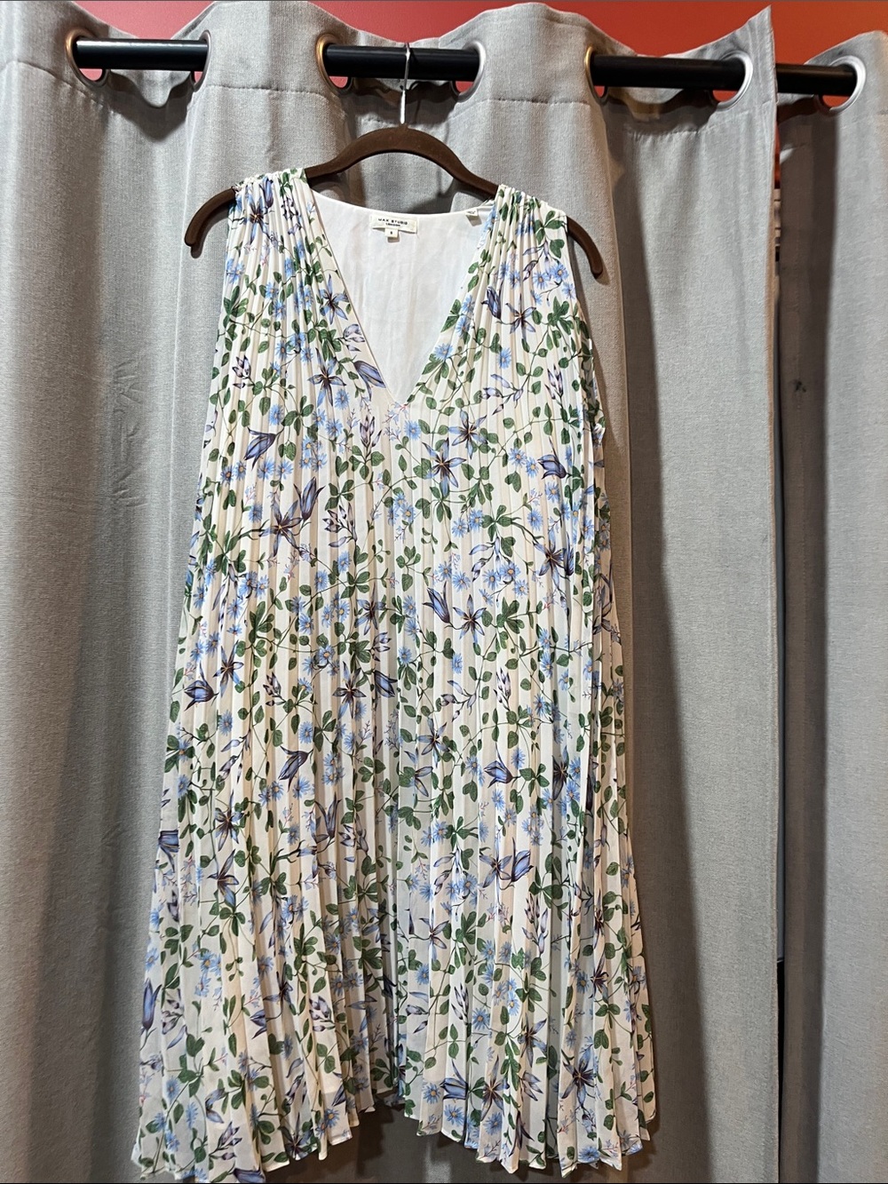 Max Studio White Pleated V-Neck Midi Dress with Blue & Green Floral Print